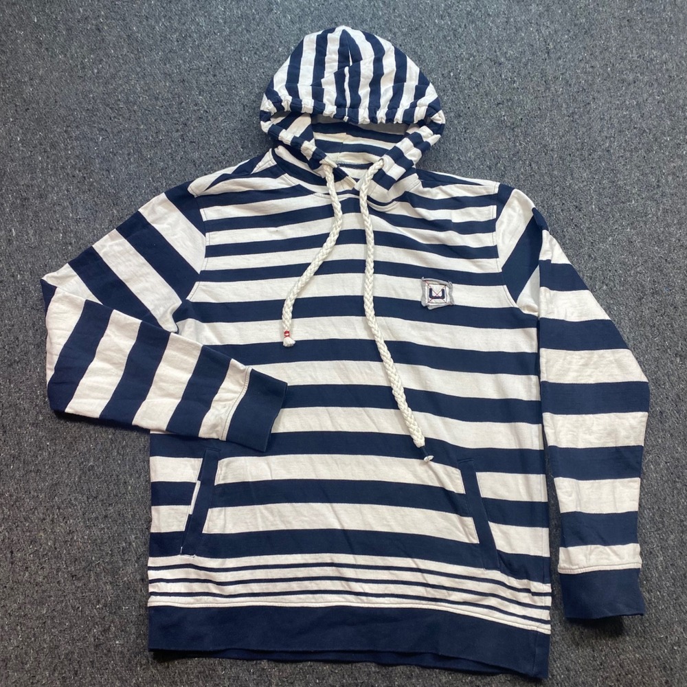 Adolfo Dominguez Hoodie Sz L Mens Navy White Striped Nautical Skater Rope Detail
